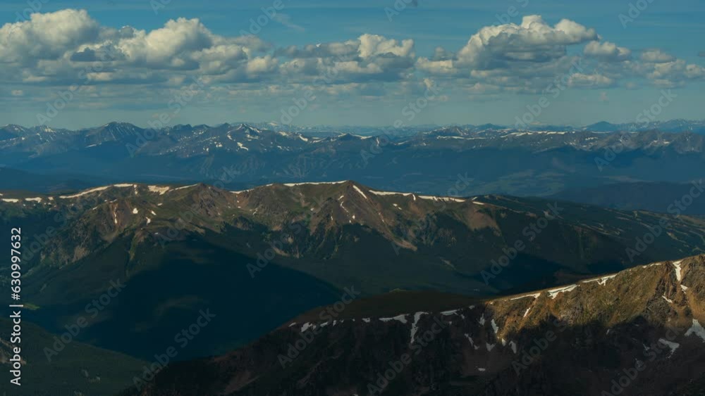 Cinematic time lapse top of the world Grays and Torreys 14er Rocky Mountains peaks layers Colorado Breckenridge zoom background sunny summer day peaceful blue sky clouds rolling snow at top Cinematic time lapse top of the world Grays and Torreys 14er Rocky Mountains peaks layers Colorado Breckenridge zoom background sunny summer day peaceful blue sky clouds rolling snow at top