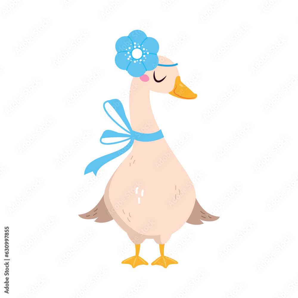 Fototapeta premium Funny Goose Character Stand with Flower on Head and Ribbon Bow on Neck Vector Illustration