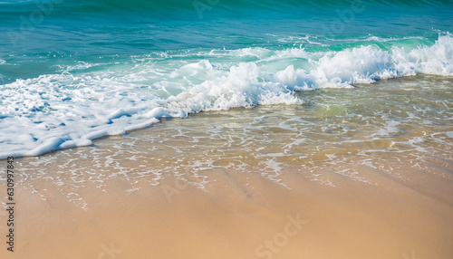 Beautiful tropical wave of summer sea surf. Soft turquoise blue ocean wave on the golden sandy beach