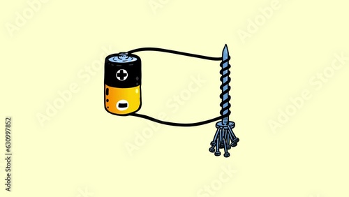 Electromagnet pulling nails isolated version. Physics. Experiment illustrating physical process. Cartoon good for educational meterials, etc... photo