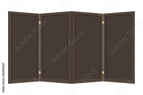Four-leaf black wooden folding screen with basketweave pattern. Vector object on white background. Interior item for dividing a room. Vintage paravan with wicker walls for changing clothes and toilet