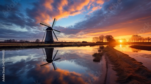 Water scoop mill in east friesland north germany, Traditional windmill in the sunset on a field generative ai © Chingiz