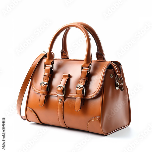 Stylish Brown Leather Handbag Isolated On White Background