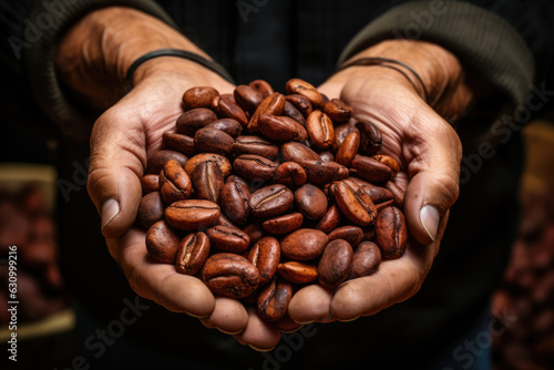 roasted coffee beans in hands first person view,genearative ai