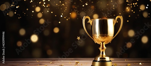 golden metal glasses on an old wooden table, with a golden trophy on a dark background. It is suitable