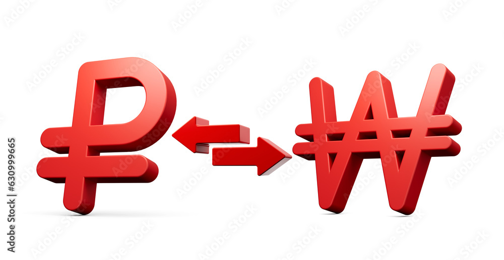 3d Red Ruble And Won Symbol Icons With Money Exchange Arrows On White Background 3d illustration 3d Red Ruble And Won Symbol Icons With Money Exchange Arrows On White Background 3d illustration
