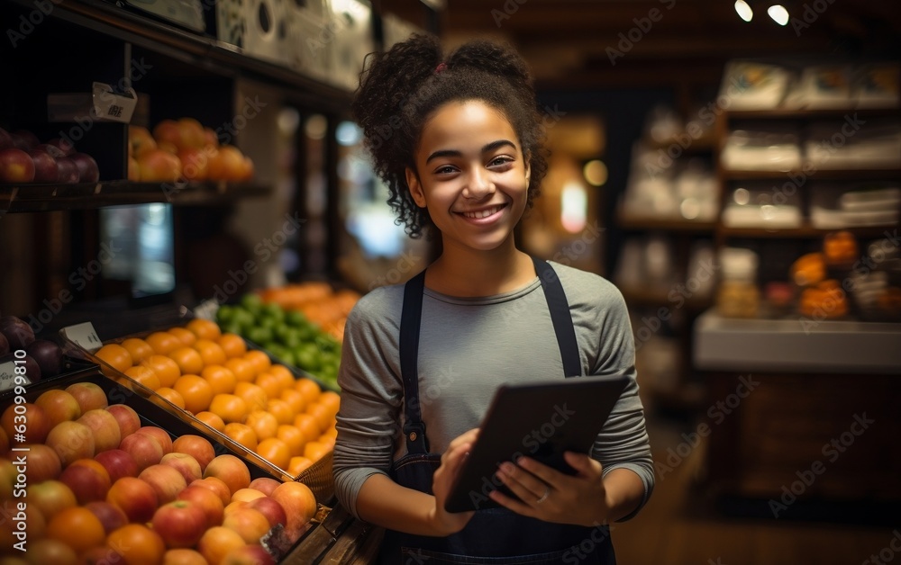 Shopkeeper Using Digital Tablet in Market. Generative AI
