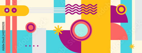 Geometric seamless pattern. Abstract grid geometric shapes repeating background. Bauhaus seamless pattern with rectangles, squares and circles