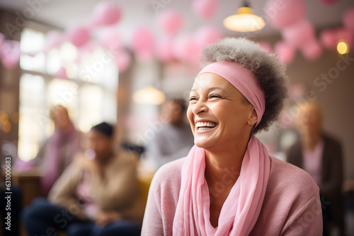 Photographie Mature woman with pink headband smiling for breast cancer support ai generated art