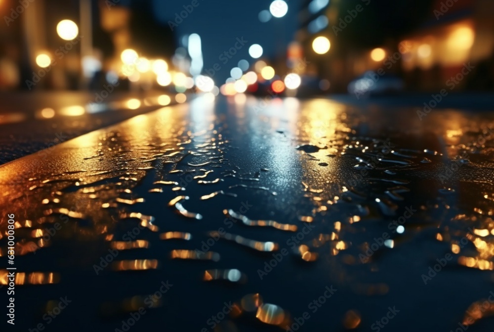background of raindrops on asphalt with beautiful reflection of urban lights at night. generatrive ai