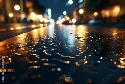 background of raindrops on asphalt with beautiful reflection of urban lights at night. generatrive ai
