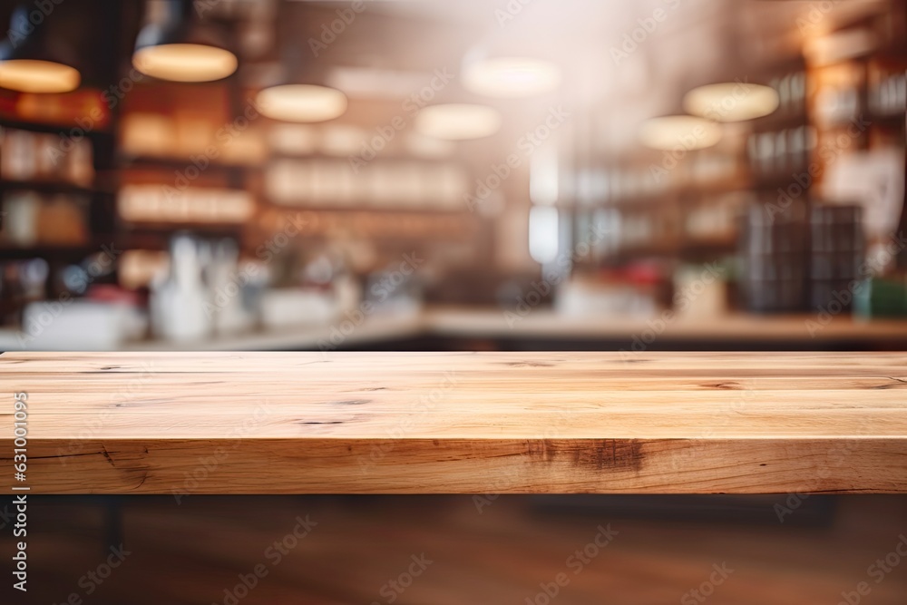 Background for advertising food products on the background of a store, bar, cafe, wooden tabletop, blurred background.