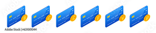 3D Credit Card Currency Set. Vector Isometric credit cards with dollar, euro, pound, frank, yen, yuan and rouble sign. Online banking payment symbols. Currency transactions, Online money transfer.