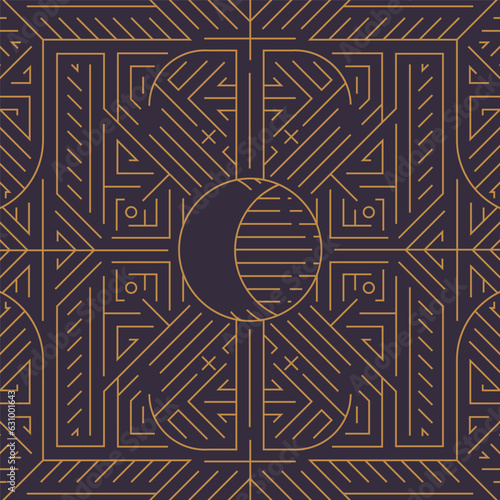 Vector art deco golden black seamless pattern with moon. Geometric line vintage motif. Elegant, fancy luxury design for wallpaper print, packaging, wrapping paper, package, wedding gift