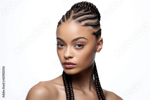 Woman With Cornrows Hair On White Background