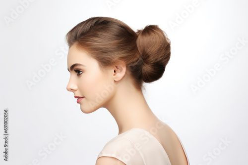Woman With Chignon Hair On White Background