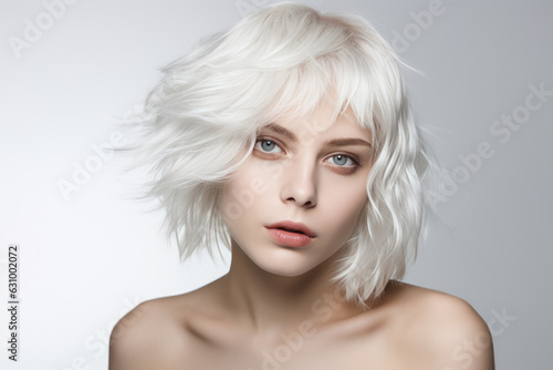 Woman With Platinum Blonde Hair On White Background