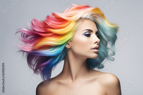 Woman With Rainbow Hair On White Background