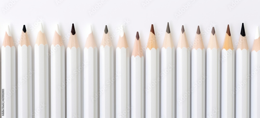 White pencils on with white , brown beige lead. white table. Maku up ,fashion, interior coordinator color pencils. Hand edited generative AI. White pencils on with white , brown beige lead. white table. Maku up ,fashion, interior coordinator color pencils. Hand edited generative AI.