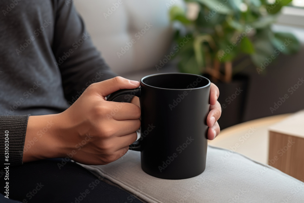 Mockup Closeup Of Mans Hand Holding Black Cup In Modern, Bright Apartment Mockup Closeup Of Mans Hand Holding Black Cup In Modern, Bright Apartment