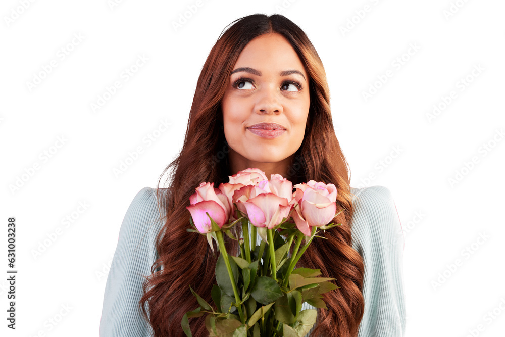Happy, woman and thinking with roses for valentines day, romance or anniversary isolated on a transparent PNG background. Thoughtful young female person smile in happiness with bouquet of flowers Happy, woman and thinking with roses for valentines day, romance or anniversary isolated on a transparent PNG background. Thoughtful young female person smile in happiness with bouquet of flowers