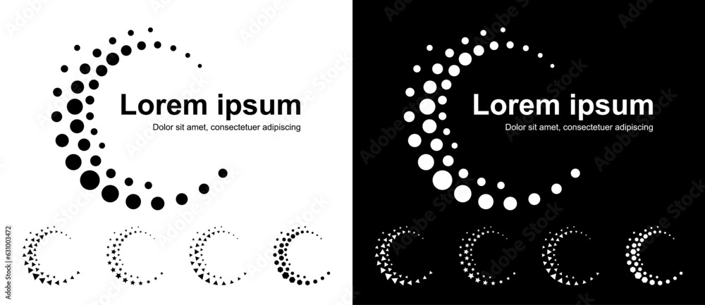Abstract background with dynamic halftone dots in spiral. Black shape ...