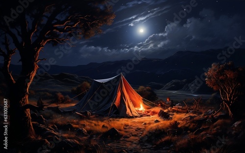 Tent Camping at Night. Generative AI