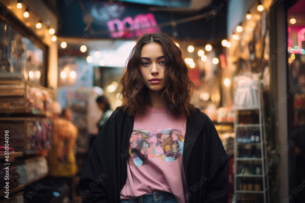 Fashionable Portrait Of Model. Woman Standing In Front Of Store Fashionable Portrait Of Model. Woman Standing In Front Of Store