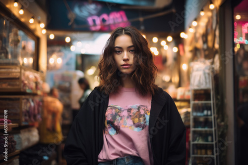 Fashionable Portrait Of Model. Woman Standing In Front Of Store