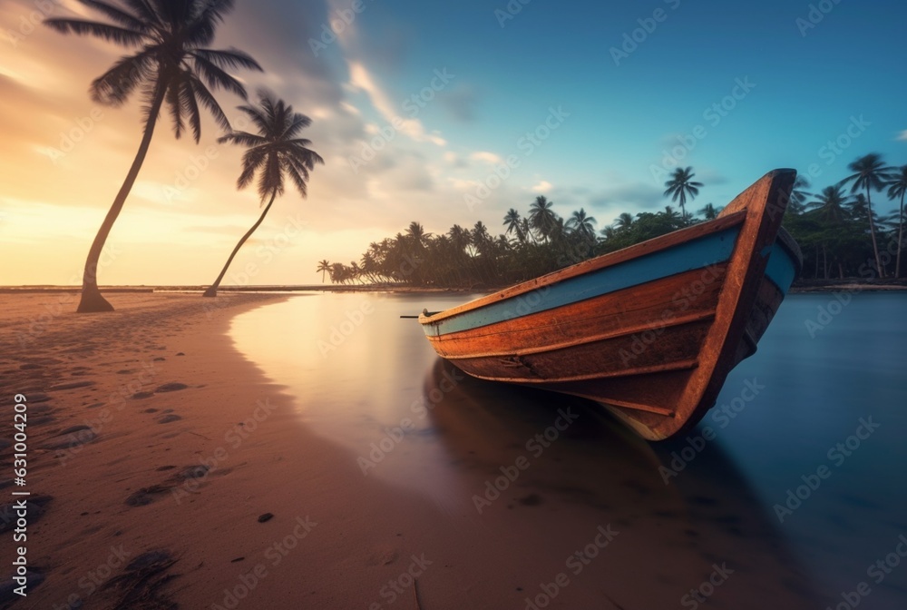 Obraz premium wooden boat on the beautiful beach with coconut trees. generative ai