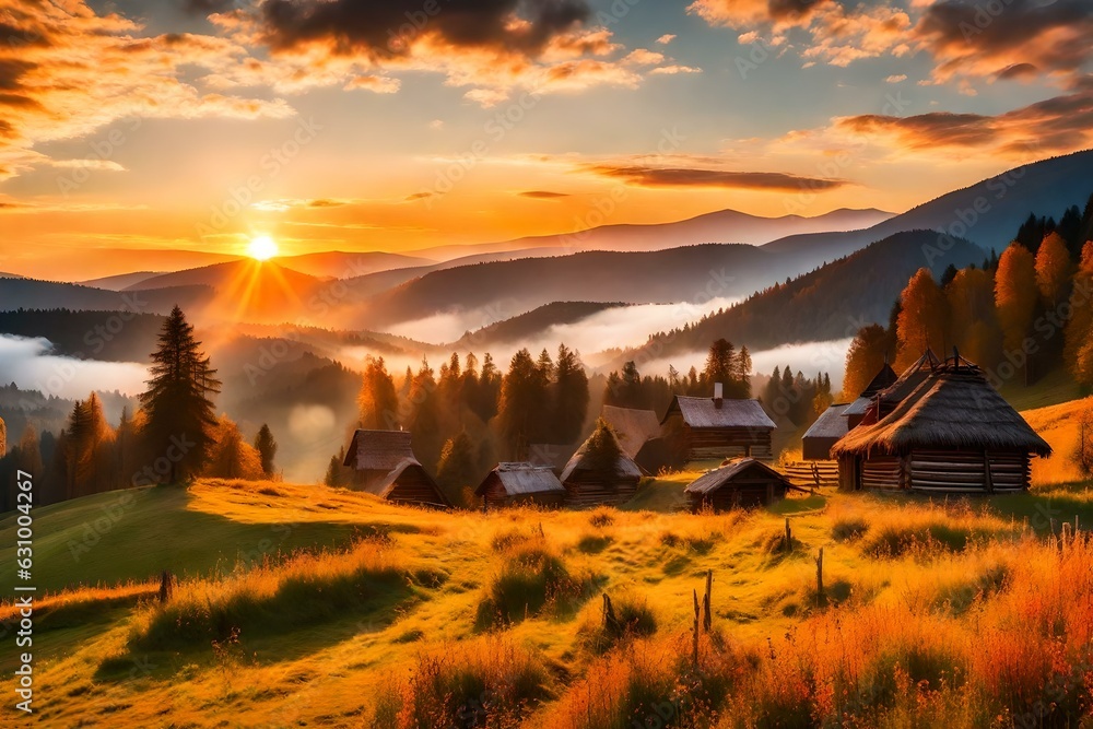 sunset in the mountains, sunrise, the sun's rays illuminate the beautiful panorama of the Carpathian village against backdrop of scenic mountains, where the highlanders live Hutsul. Wild forests, fiel