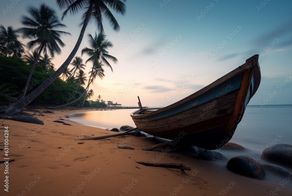 Obraz premium wooden boat on the beautiful beach with coconut trees. generative ai