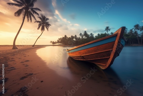 wooden boat on the beautiful beach with coconut trees. generative ai