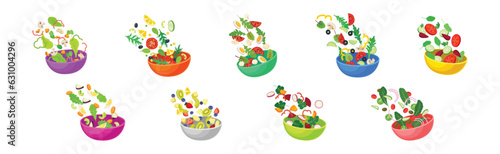 Vegetarian Salad with Dropping in Bowl Ingredient Mix Vector Set