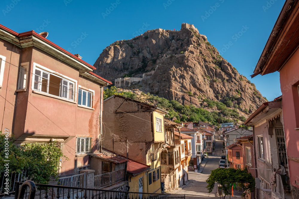 Traditional Turkish Ottoman houses in Afyonkarahisar Turkey. Afyon Castle on the rock and Mevlevihane Museum in front of it