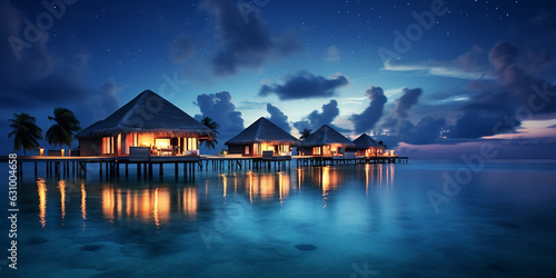 Luxury Maldives tropical island beach resort travel vacation villas at night. Generative AI image