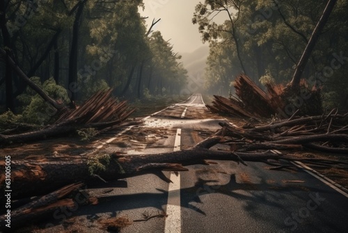 view of an asphalt road in the middle of a forest with trees collapsing due to a natural disaster. generative ai © LivroomStudio