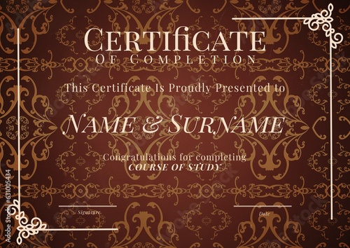 Composition of certificate of completion text with copy space on pattern on brown background