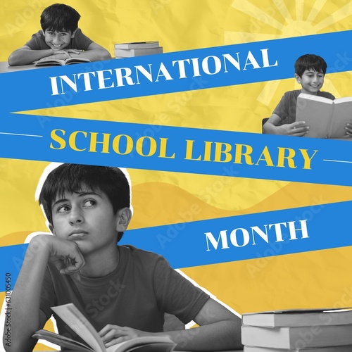 Composite of international school library month text and latino boy reading book and thinking
