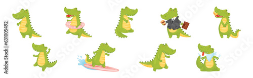 Green Crocodile or Gator Character as African Animal Vector Set