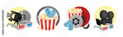 Cinema Elements with 3D Glasses, Popcorn, Reel and Camera Vector Composition Set