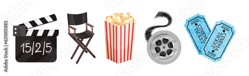 Cinema Elements with Clapperboard, Chair, Popcorn, Reel and Tickets Vector Set