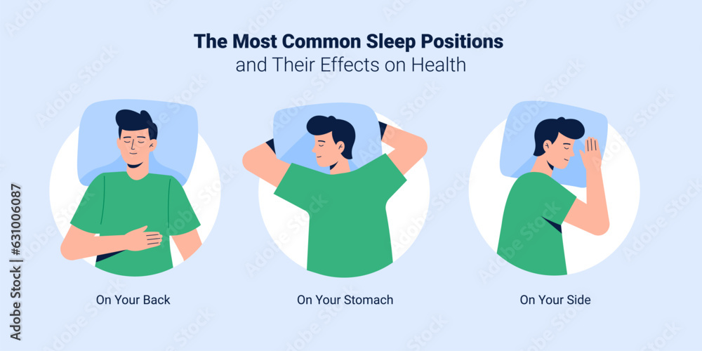 Variations of different sleeping positions. A young man is asleep on a pillow. Top view. Vector flat modern illustration for a banner.