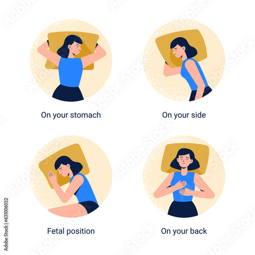 A woman sleeps or has a nap in different positions. Sleeping on your back, side, stomach, and in a fetal pose. Top view. Vector flat modern illustration for a banner, or info graphics.
