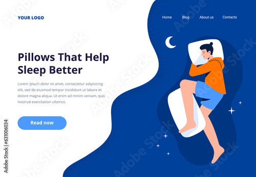 A young man sleeps on the pillow. Good health concept. Design template with vector flat illustration for web page, banner, and layout.
