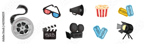 Cinema Elements with Clapperboard, 3d Glasses, Reel, Camera, Popcorn, Ticket and Megaphone Vector Set