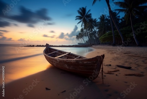 wooden boat on the beautiful beach with coconut trees. generative ai © LivroomStudio