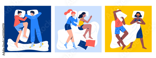 Set with various sleeping couples. Women lie and hug, men sleep together, and partners sleep in different positions under the blanket. Bedroom top view. Vector modern illustrations in flat style.