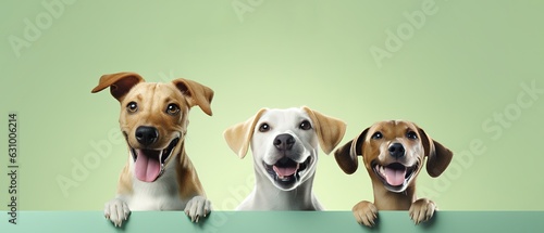 banner three happy dog pets isolated on green pastel background