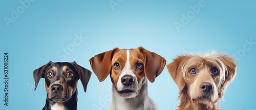 banner three dog pets isolated on blue pastel background